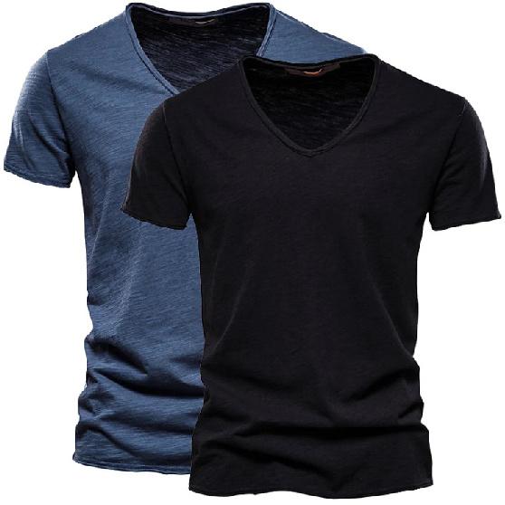 2 PC Summer Men'S New Solid Color Bamboo Cotton V-Neck Short Sleeved Pure Cotton T-Shirt