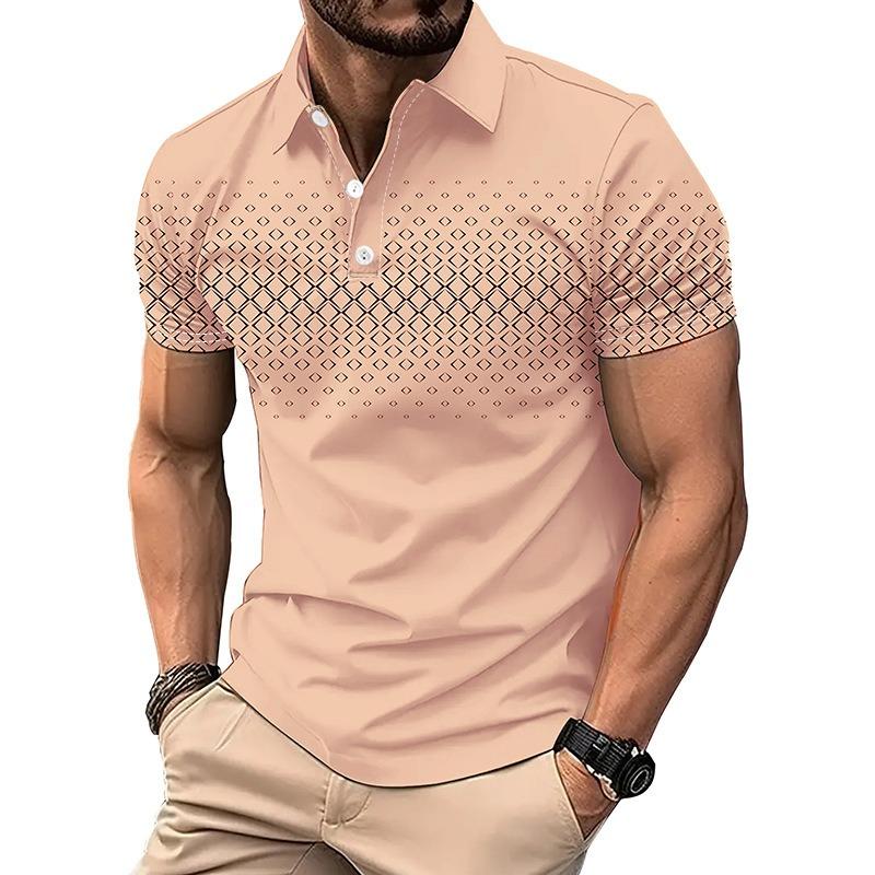 Men's Korean-Style Printed Color Block Lapel Polo Shirt Fashionable Minimalist Casual Short-Sleeve Top