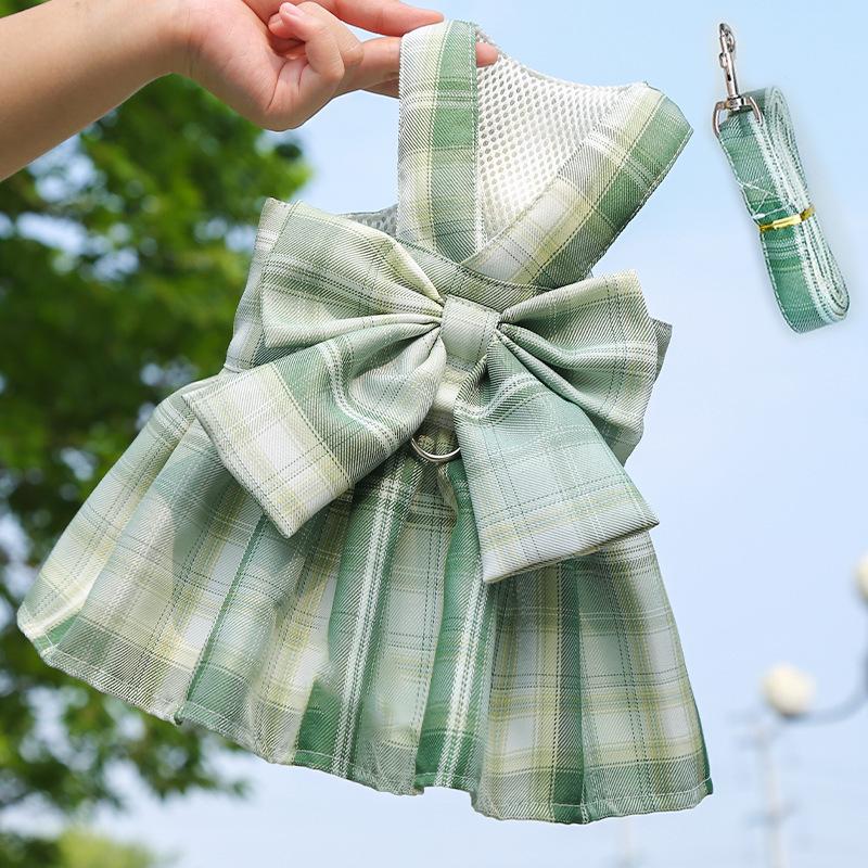 Pet JK plaid dog skirt chest strap leash walking dog cat vest clothes