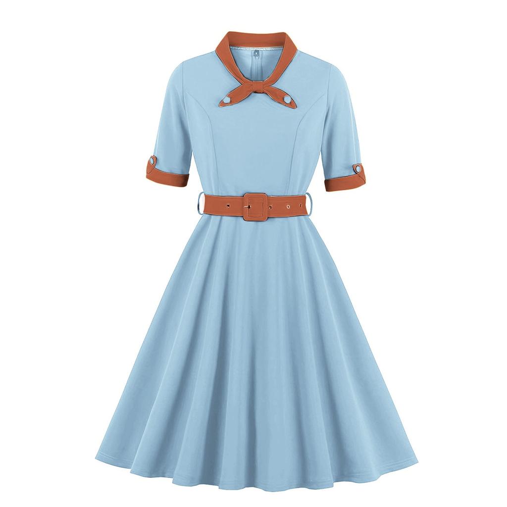 Women's V-neck Slim-fitting Short-sleeved Retro Dress With Big Swing Skirt