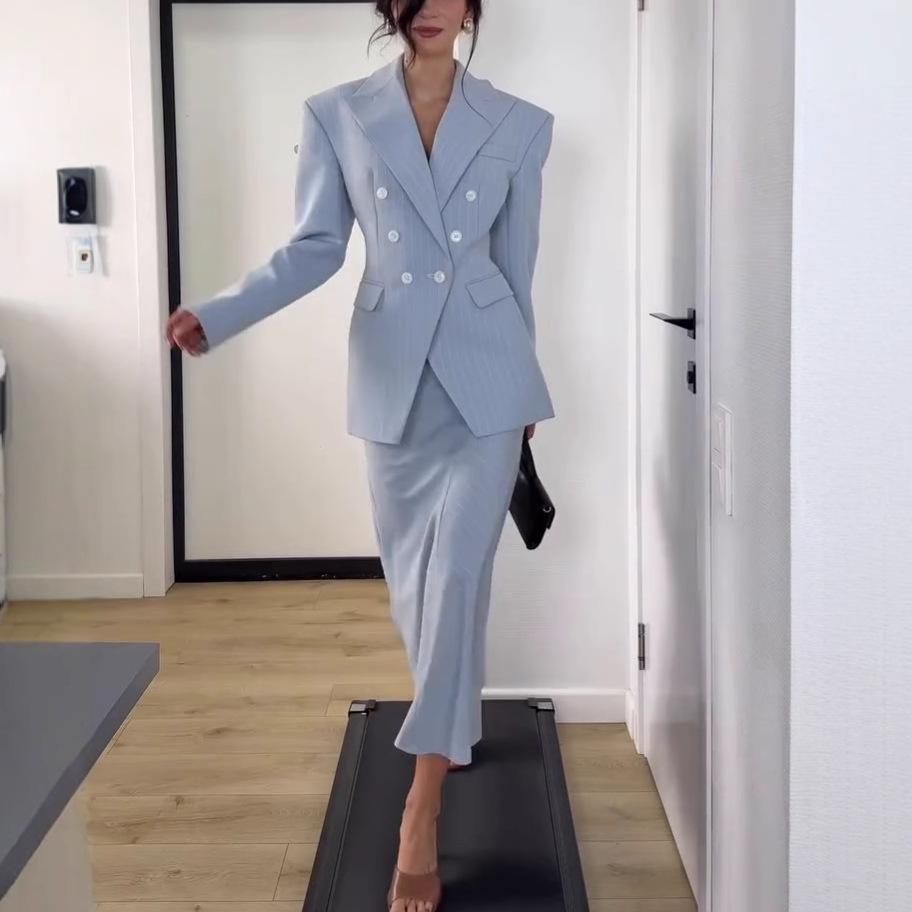 European & American Double-Breasted Slim Fit Women's Skirt Suit - Elegant Commuting Style