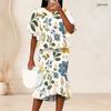 Women Plus Size Two Piece Set Crewneck Batwing Sleeve Printed Ruffle Hem Top Fishtail Skirt