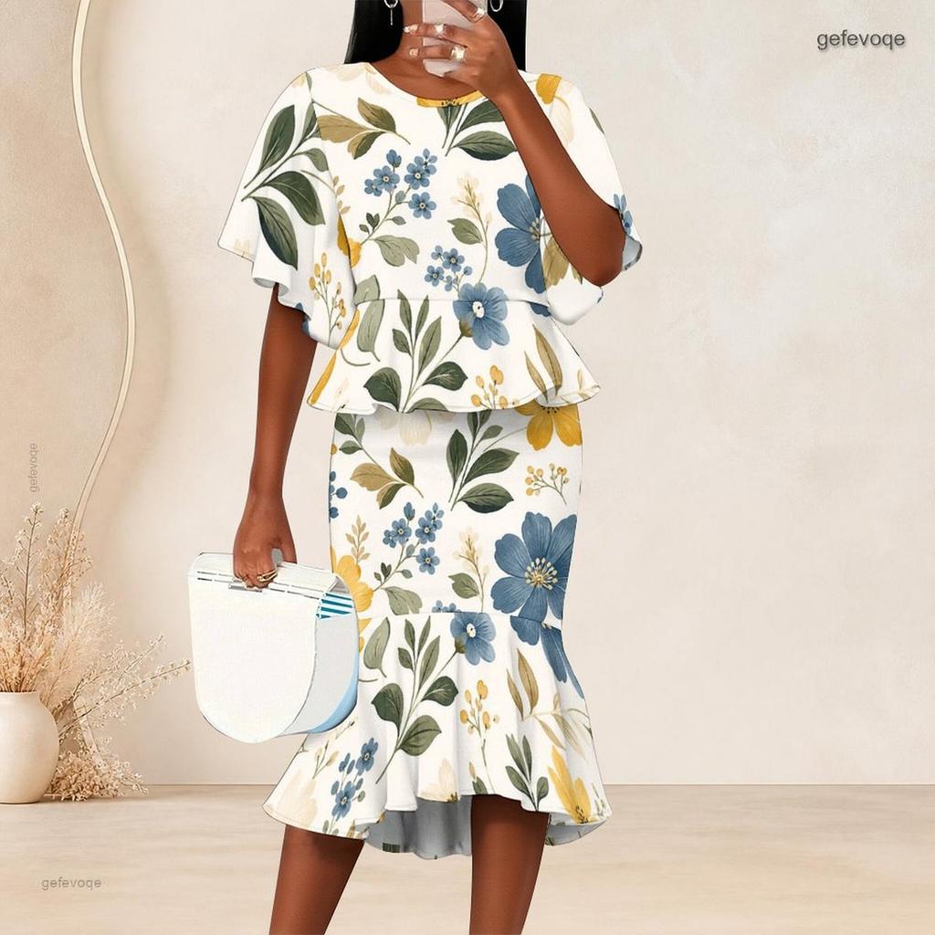Women Plus Size Two Piece Set Crewneck Batwing Sleeve Printed Ruffle Hem Top Fishtail Skirt