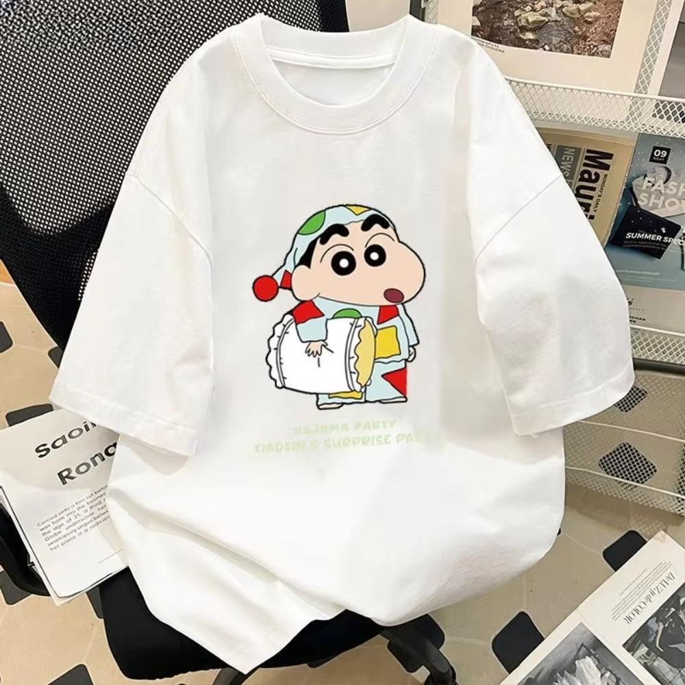 American Street Style Crayon Shin Chan Print T Shirt Unisex Summer Loose Pure Cotton Short Sleeve