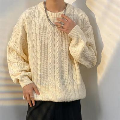 Men Fall Winter Sweater Solid Color Knitted Warm Thick Long Sleeve Loose Anti-shrink Pullover Casual Couple Unisex Sweater