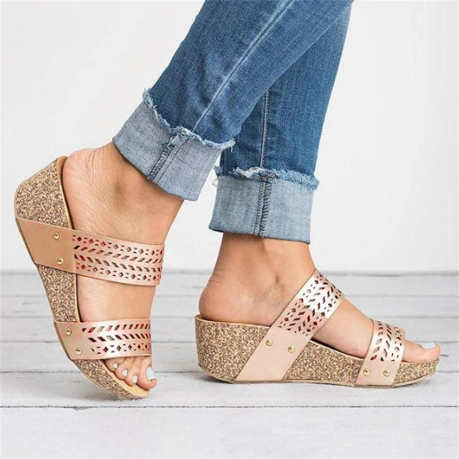 

Женские летние пляжные дышащие сандалии без шнуровки на танкетке с открытым носком 39 золотой