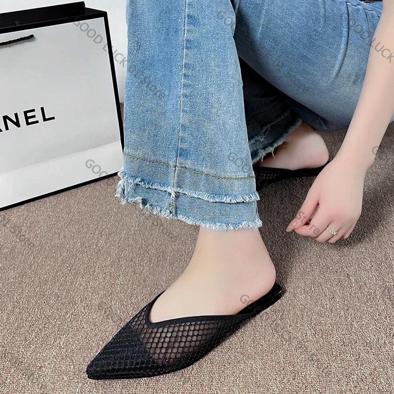 Fashion 2025 Hollow Mesh Flat Shoes Fashion Pointed Toe Half-pack Slippers New Summer Comfortable Square Heel Women's Shoes Large Size