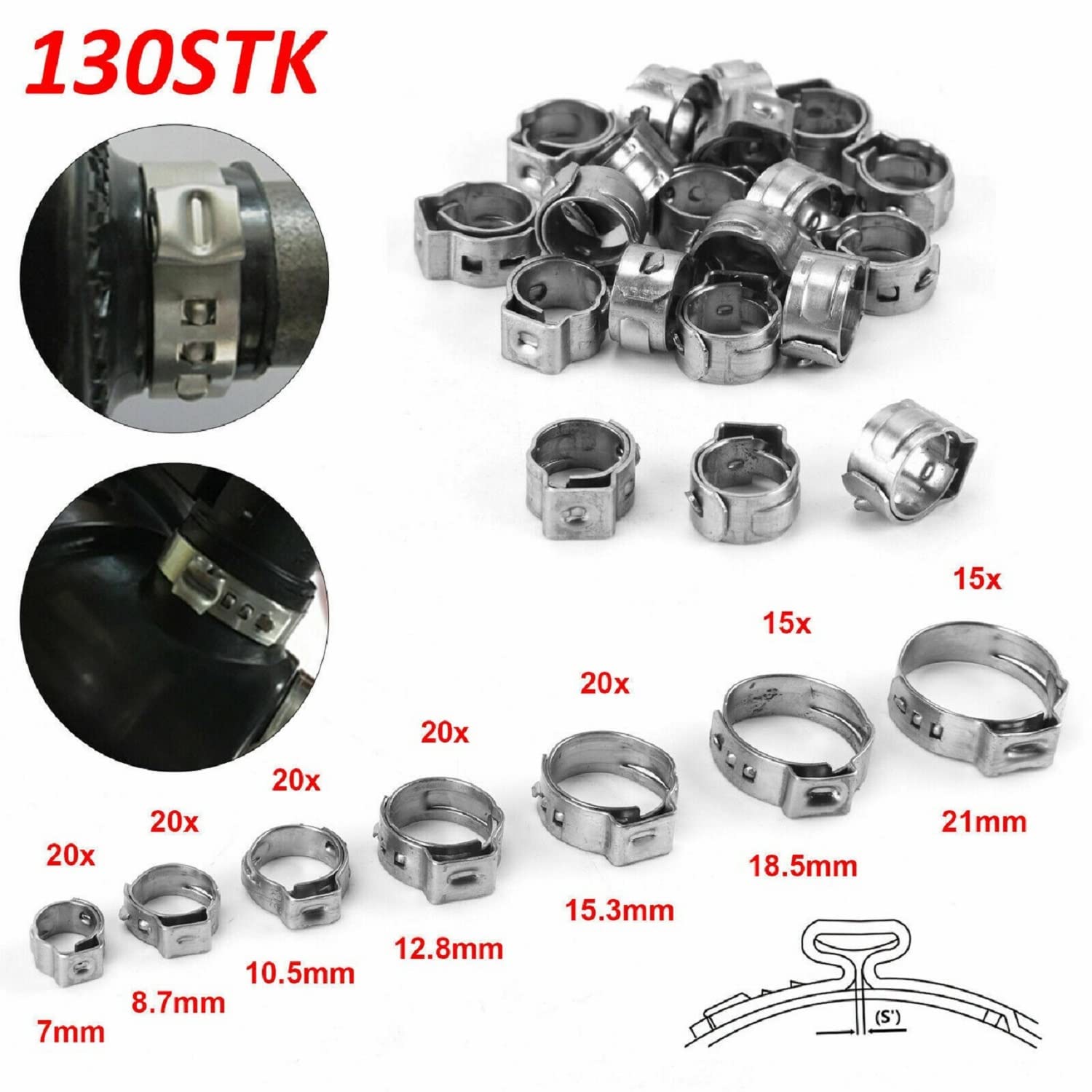 

130Pcs 7 Size 304 Stainless Steel Single Ear Hose Clamps 6-21mm Crimp Hose Clamp Assortment Kit Crimp Pinch Fitting Tools 130pcs with Bag