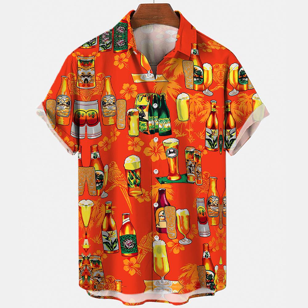 Hawaiian Beach Harajuku Shirts For Men 3D Print Beer Short Sleeve Tees Summer Vacation Style Single-Breasted Tops Lapel