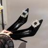 Black High Heels Women's Thin Heels New Spring and Summer Pointed Suede Shallow Mouth Square Buckle Rhinestone Temperament Single Shoes