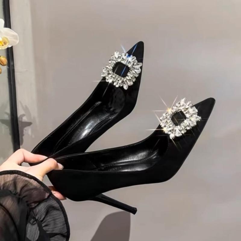 Black High Heels Women's Thin Heels New Spring and Summer Pointed Suede Shallow Mouth Square Buckle Rhinestone Temperament Single Shoes