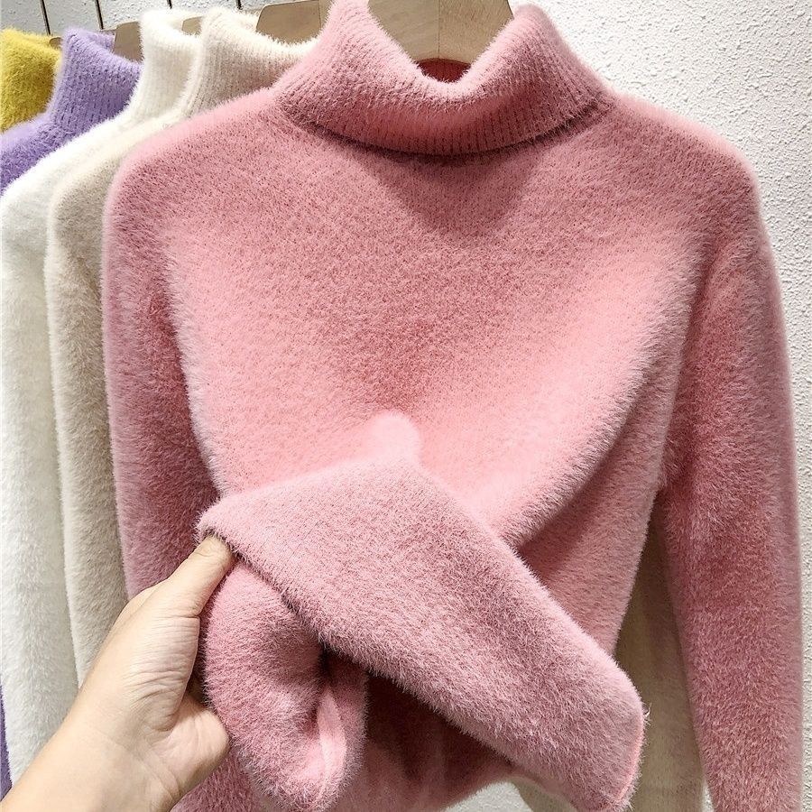 Women's Turtleneck Sweater Faux Mink Women Solid Plush Thickened Warm Bottoming Shirts Basic Knitwear Thermal Pullovers