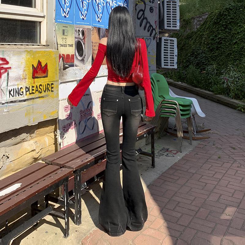 2024 Slim Fit Low-Waist Flared Jeans for Women - Floor-Length Autumn/Winter Style