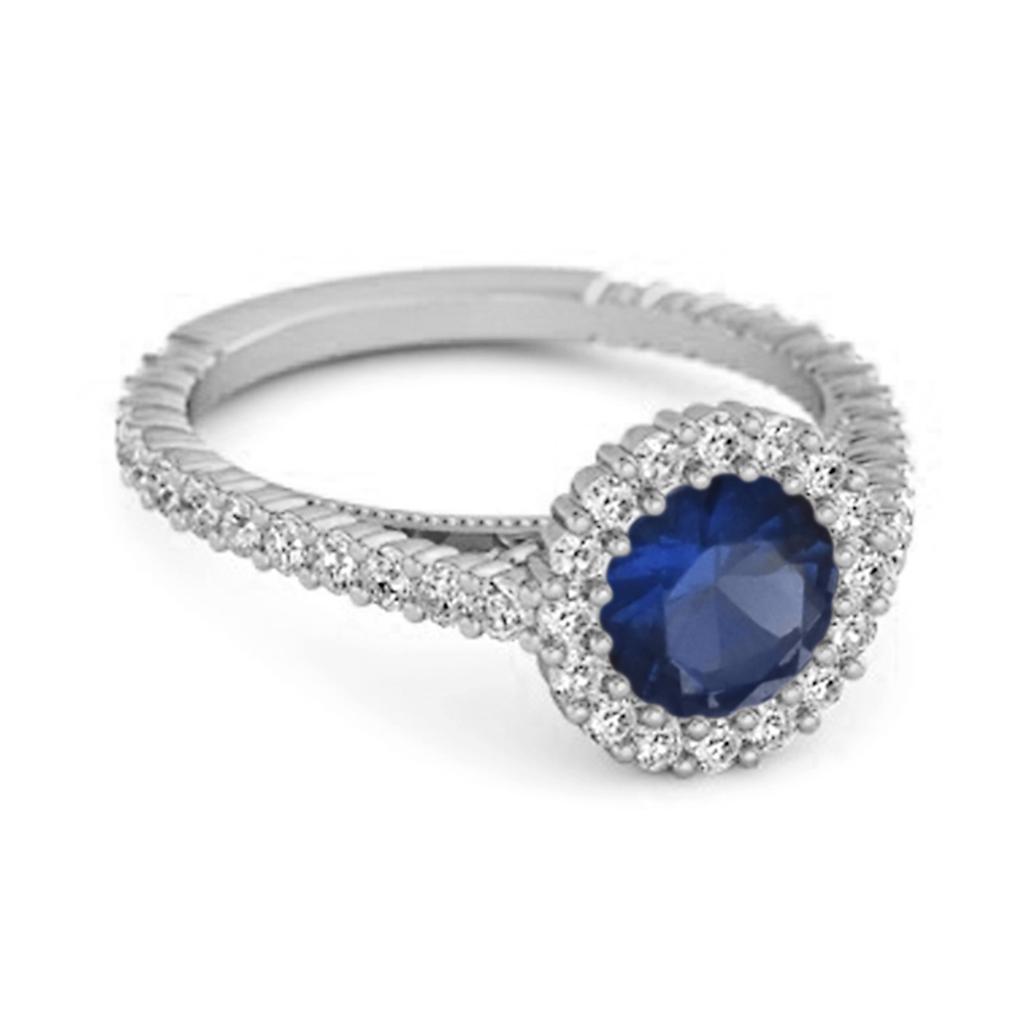 Blue Sapphire Halo Accents Ring - 925  Sterling Silver