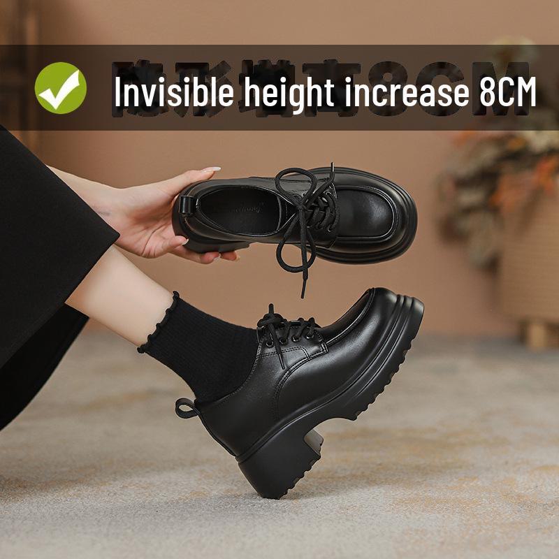 Women's Genuine Leather Thick-Soled Lace-Up Loafers, High-Heeled, British Style, Autumn/Winter 2024.