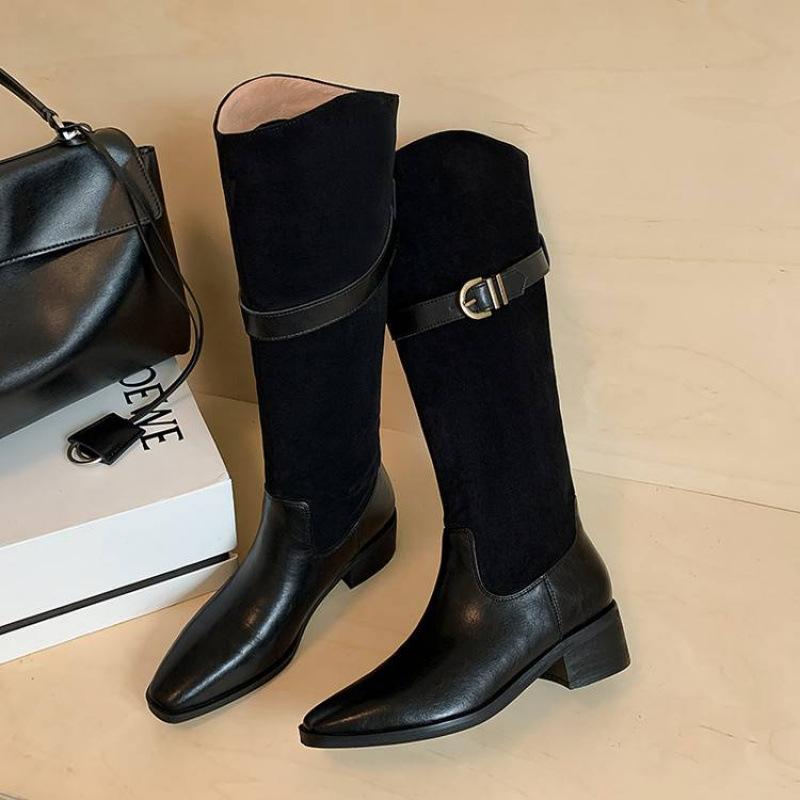 

Осенне-зимние женские кожаные сапоги кожаный средний каблук большой размер женские сапоги квадратный каблук универсальные круглый носок сапоги рыцаря новые высокие сапоги wome 40 чёрный