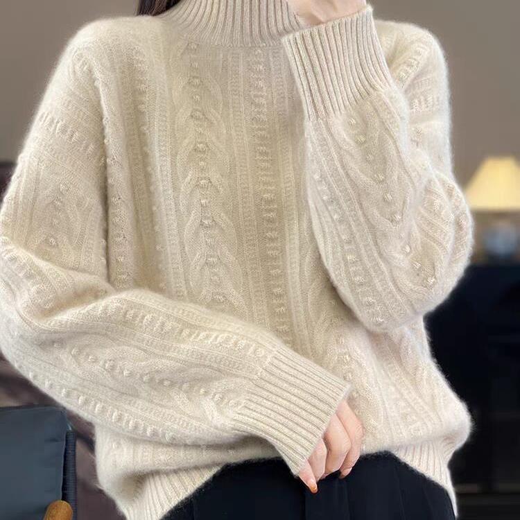 Zopfmuster Halber Rollkragen Weich Wachsartig Verdickt Lockerer Pullover Wolle Gestricktes Oberteil