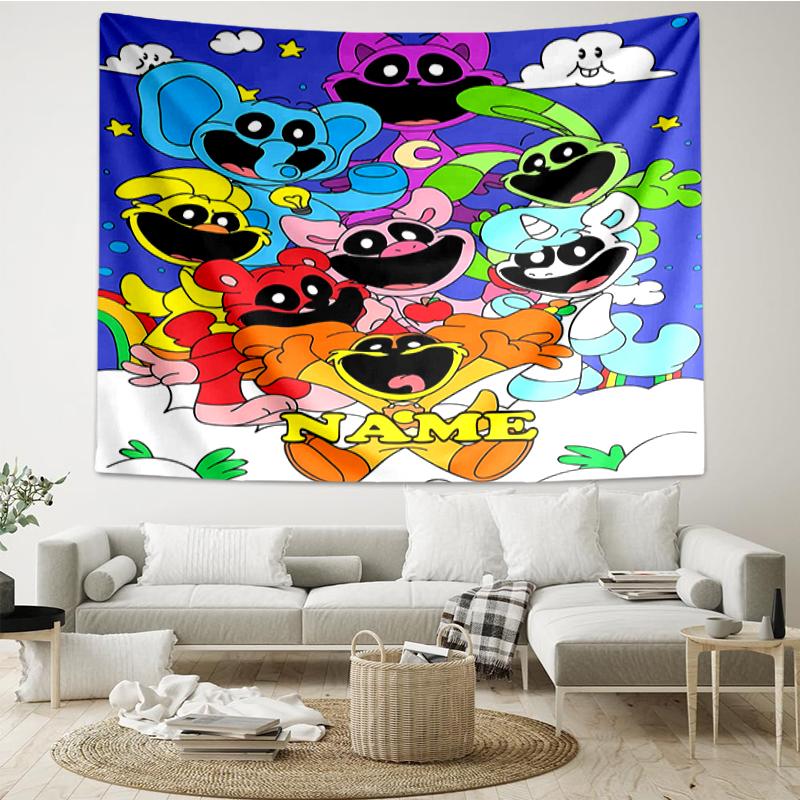 Custom Name Smiling Critters Print Tapestry, Backdrop, Easy Setup, Ideal for Bedroom, Office & Living Room, with Aesthetic Wall Hanging Decor.