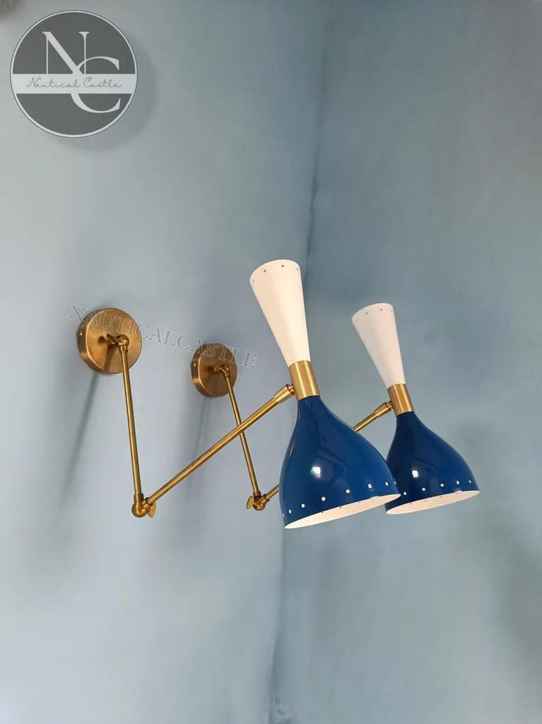 Mid Century Italian Brass Wall Sconce Pair: Blue & White Diablo Light