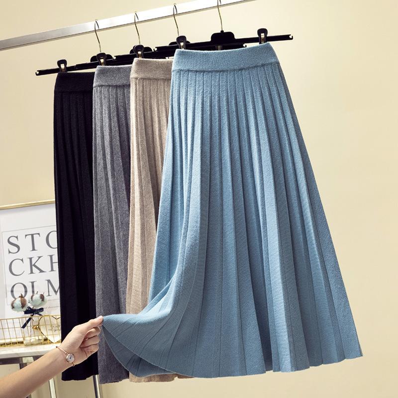 Autumn and Winter High Waisted Knitted Skirt for Women Mid Length Pleated Skirt