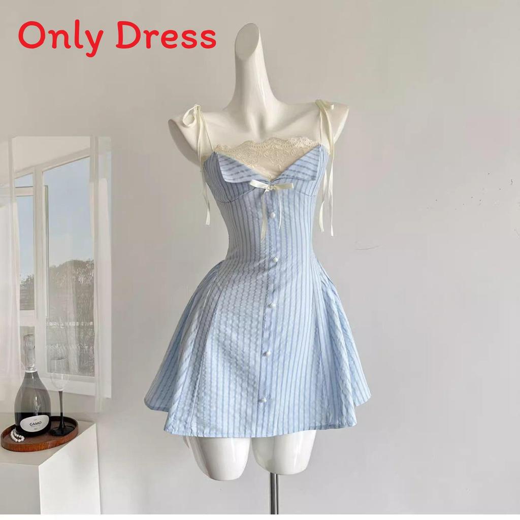 Summer Womens Blue Striped Lace Trim Aline Dress With Waist Tie For Casual Wear