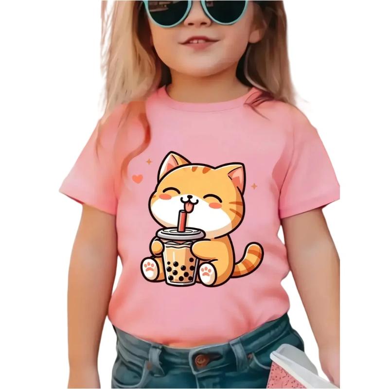 New Cartoon Cat Girl T-Shirt Short Sleeve Top Clothes Round Neck Top Fashion Junior Girls' Clothing Cute Outdoor Kids Tee