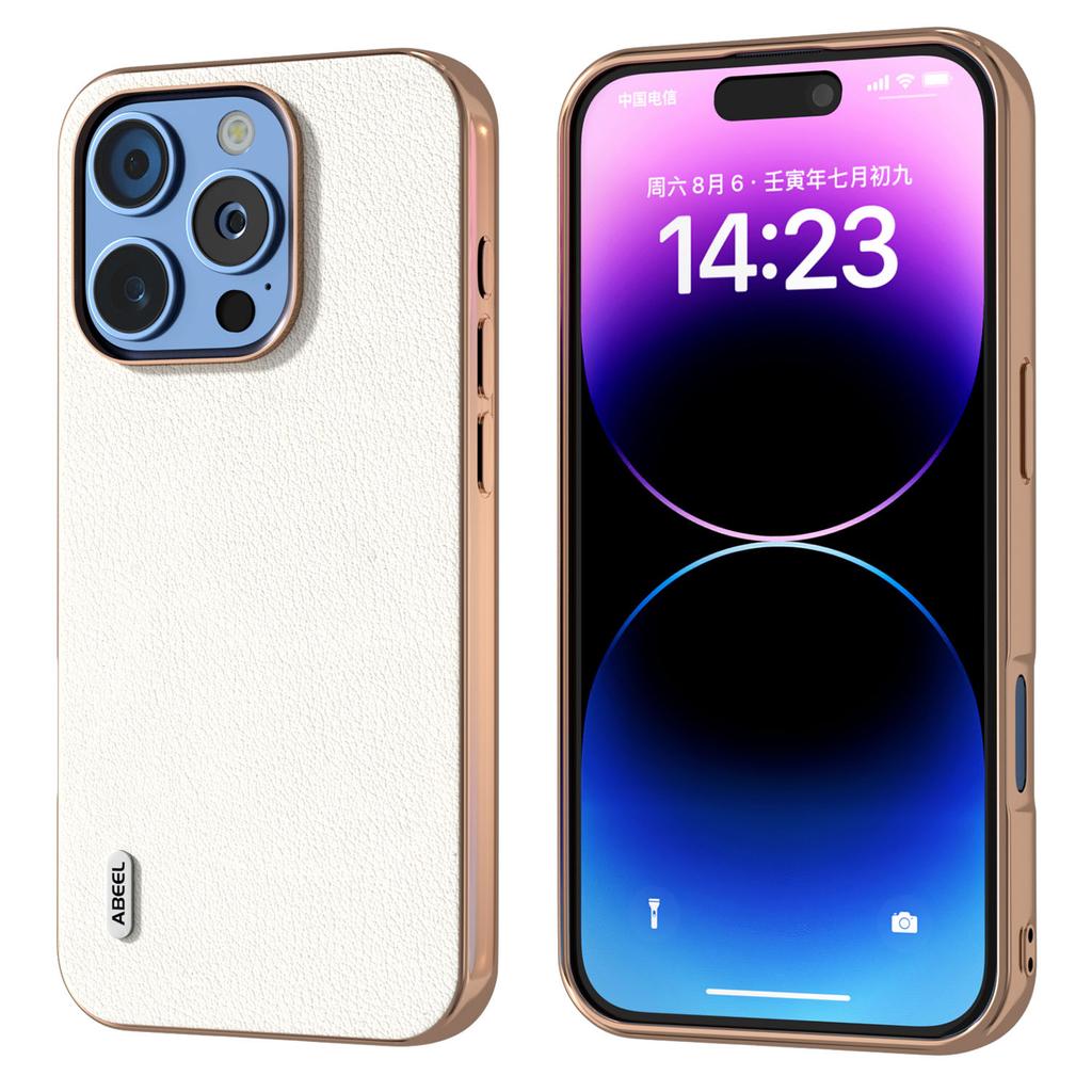 ABEEL For iPhone 16 Pro Case Electroplating Edge Genuine Cow Leather+PC+TPU Phone Cover