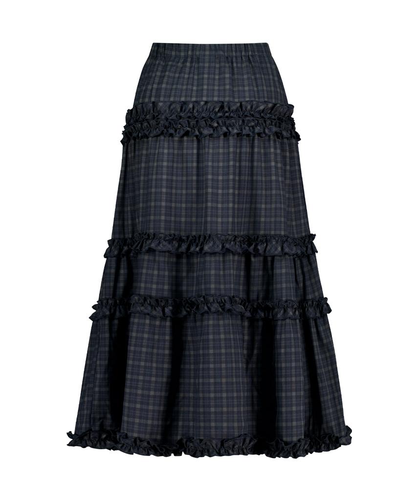 Iligo Buckle Frill Long Skirt Check Navy