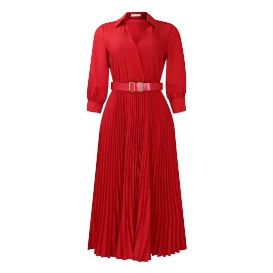 Sommerkleid für Damen, V-Ausschnitt, Revers, A-Linie, Dreiviertelärmel, plissiert, schmale Taille, Übergröße, reine Farbe, wadenlanges OL-Midikleid zum Pendeln