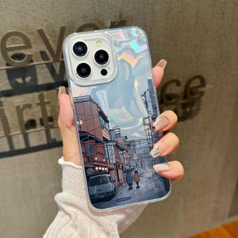 Cartoon Mountain Print Glitter Phone Case For iPhone 16 15 Pro Max 14 Pro 13 12 11 Clear Shockproof Hybrid TPU PC Glossy Slim Cover