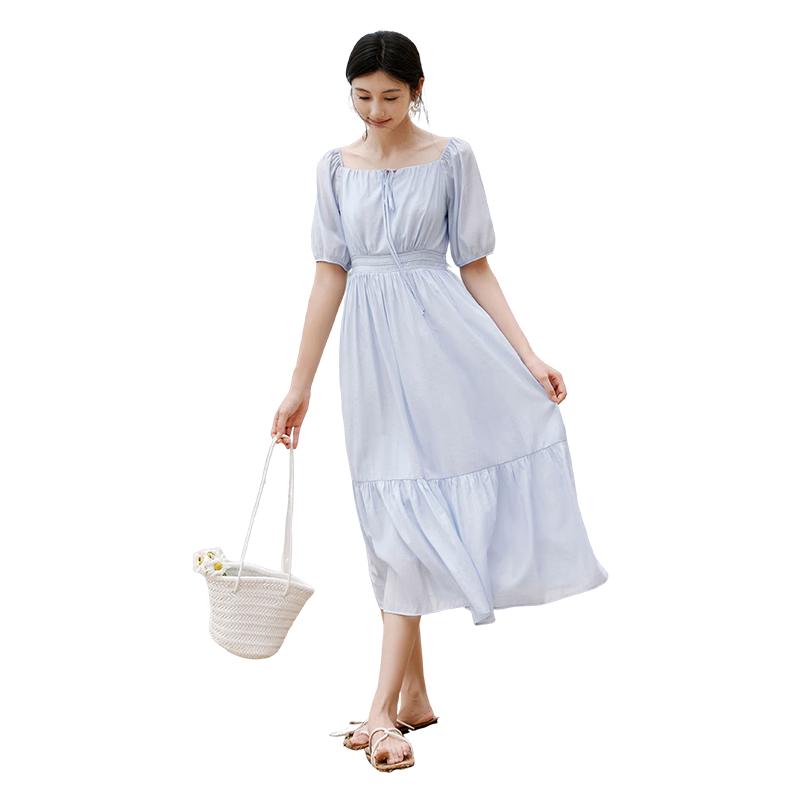 Xiangying 2025 Summer Square-Neck Bubble Sleeve Midi Dress L
