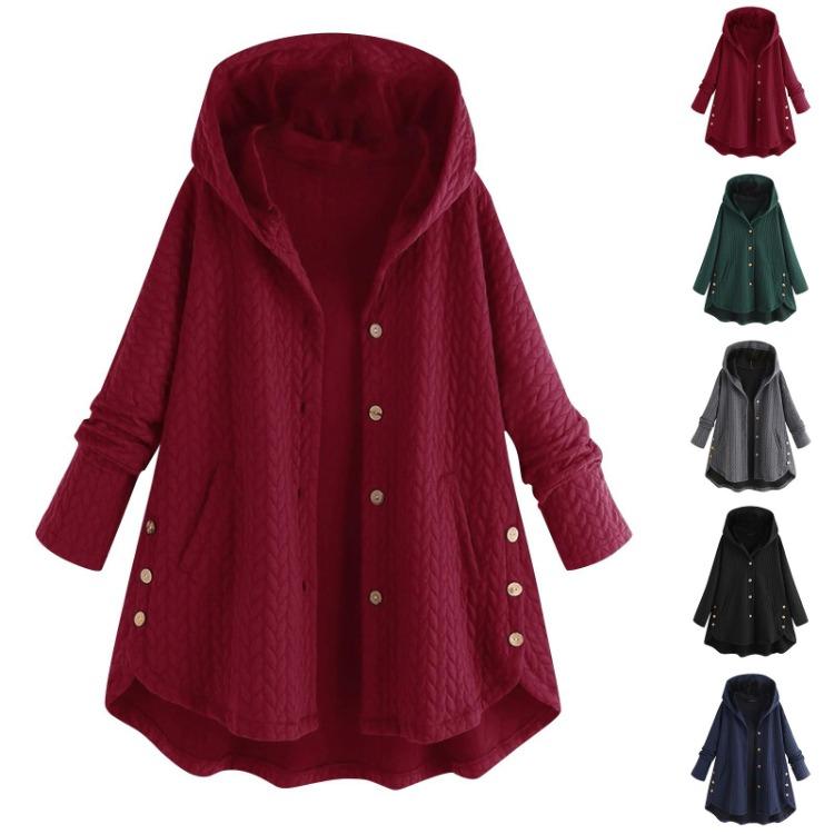 Cappotto da Donna a Metà Lunghezza con Cappuccio Colore Unico Manica Lunga Monopetto