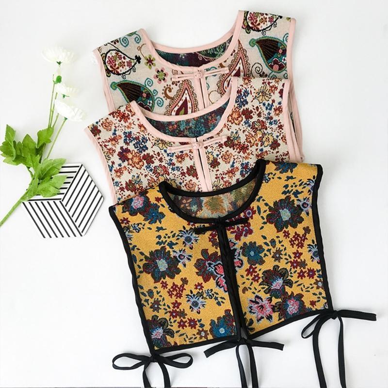 Women Chinese Embroidery Half Top Shawl Vintage Flroal Cheongsam Fake Collar Lace-Up Decorative Neck Cover Dickey Short