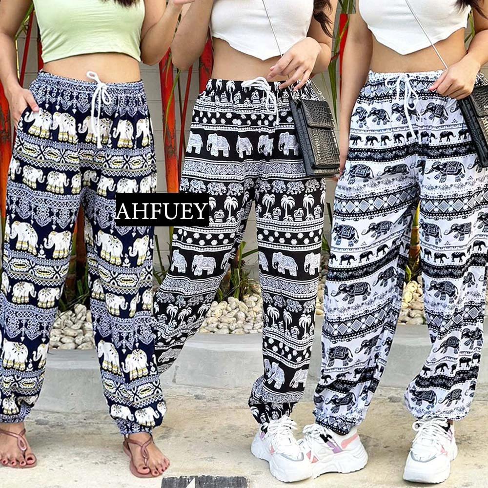 Elephant Pants Long Adjustable Elastic High Waistband Strap Jumper  Unisex Man Women Print Thailand Casual Streetwear Beach Bohemian Retro Vintage