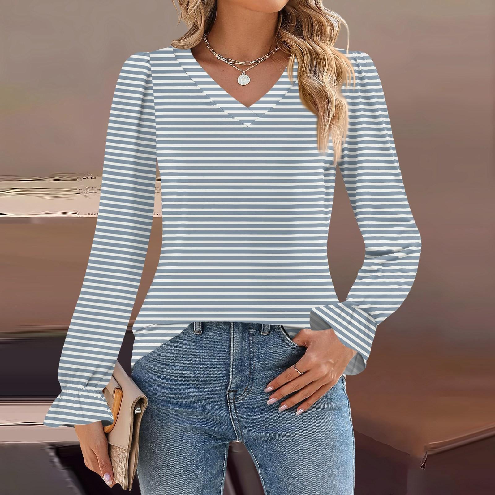 

Женский повседневный топ с длинными рукавами и полосатым принтом, с v-образным вырезом S