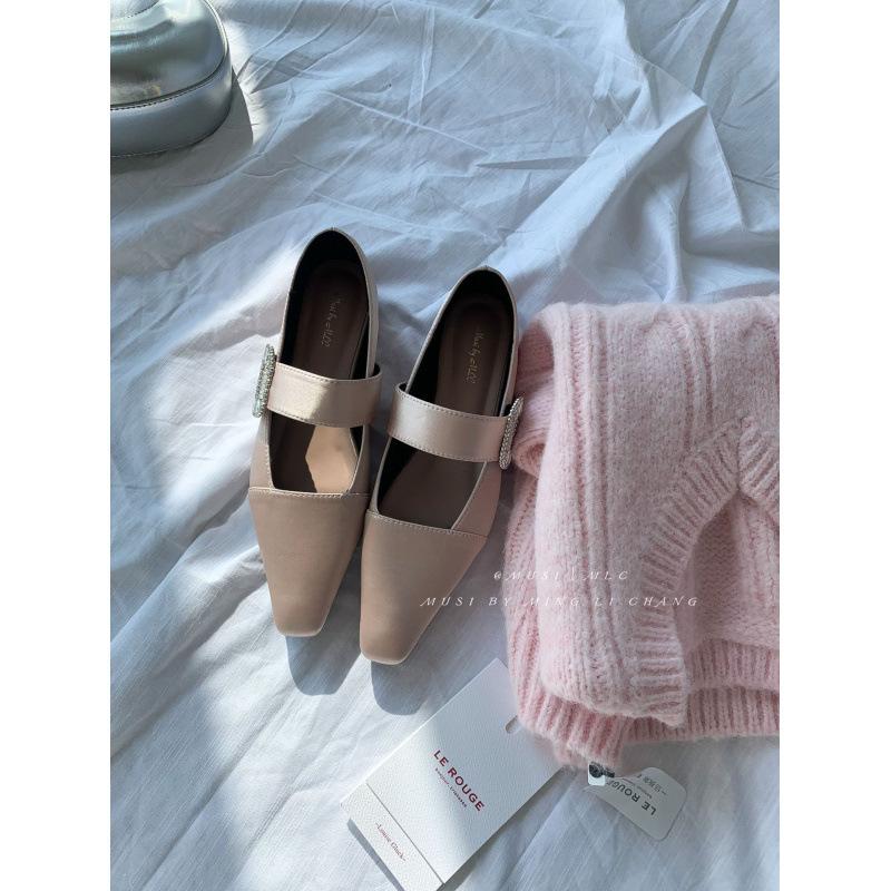 

2025 spring and summer new French square head shallow mouth single shoes light luxury rhinestone buckle Mary Jane shoes low heel shoes celebrity e 39 розовый