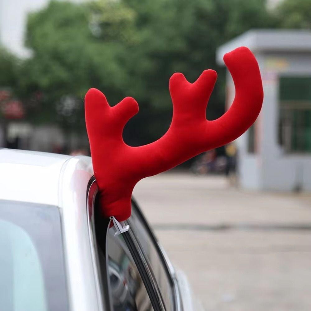 Cartoon Christmas Auto Exterior Decor Red Nose Car Reindeer Antler Kit Reindeer Christmas Decor