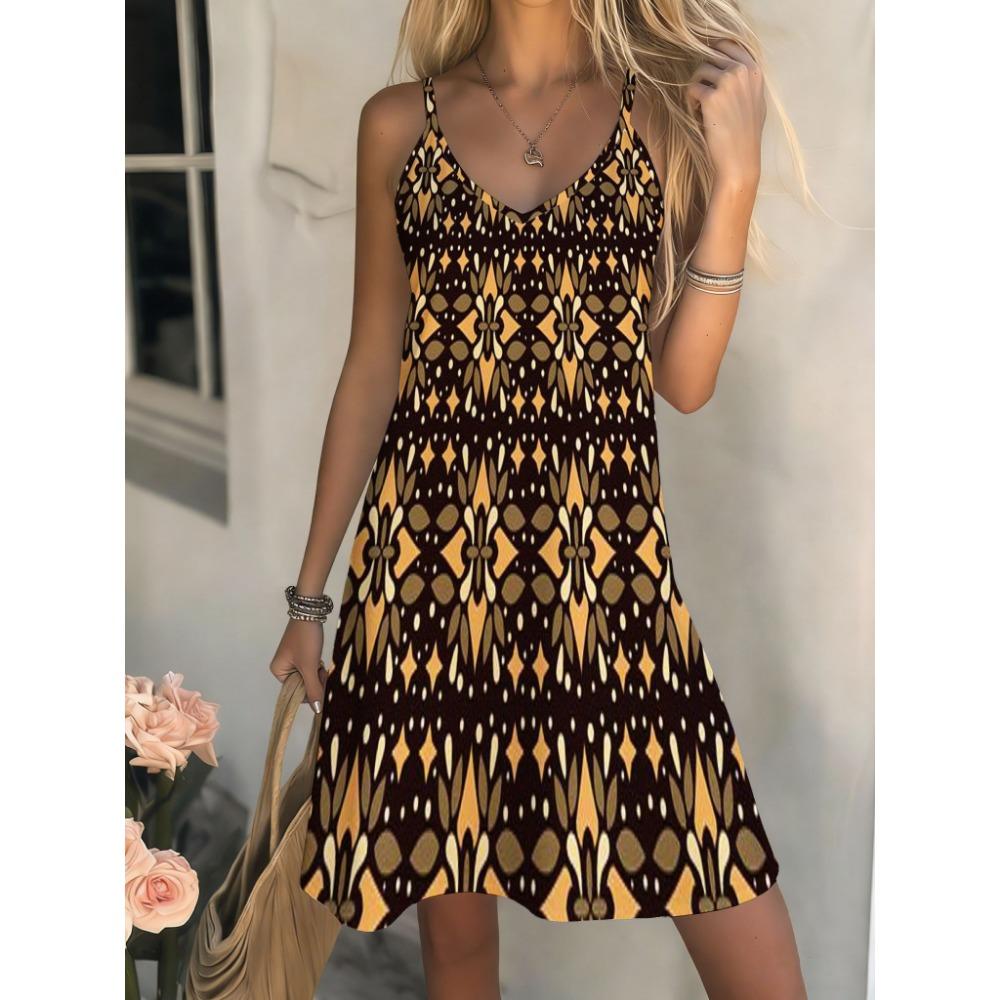 Women's Casual Bohemian Style, Summer Deep V-Neck Spaghetti Strap Midi Dress