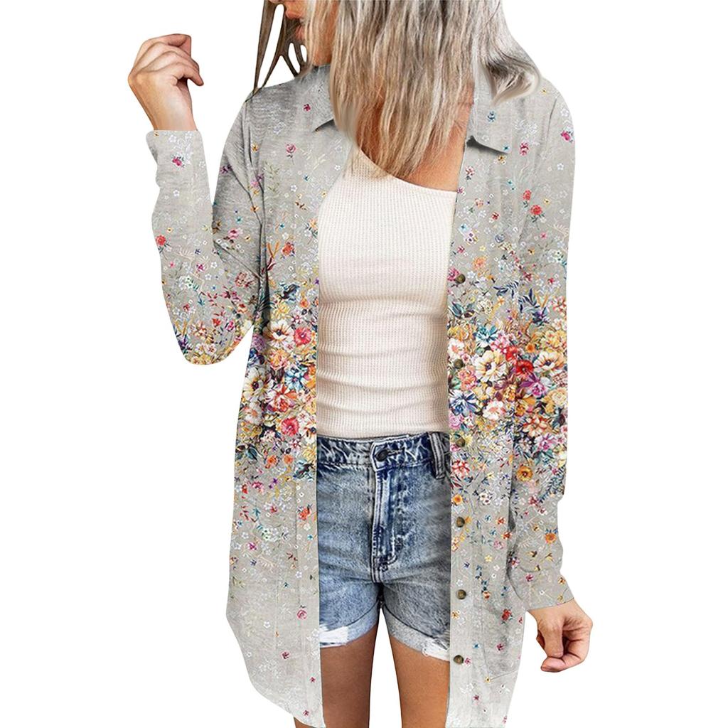 Women's Casual Fashion Floral Print Long Sleeve Mid-Length Cardigan Jacket