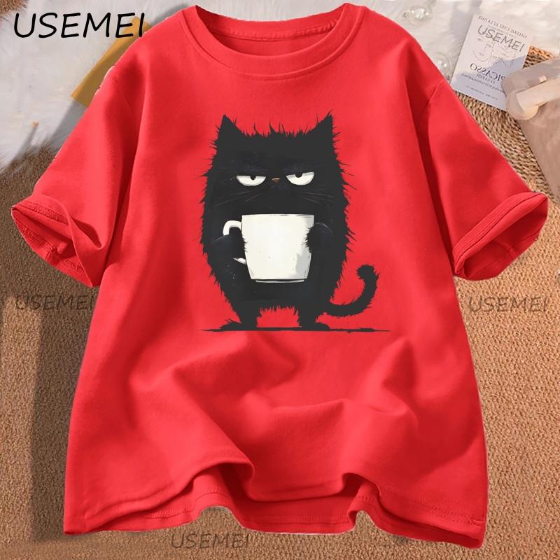 

Funny Black Cat Coffee TShirt Kawaii Tired Cat T Shirt Women Casual Graphic Tee Cute Cat Lover Gift Loose Y2k Clothes S