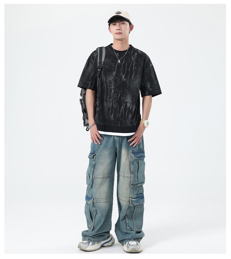 Kunhai Pengyun Men's Trendy Fake Two-Piece Summer T-Shirt with Personality Print