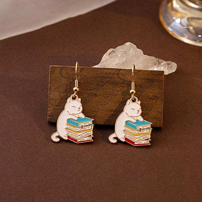 Fun Cartoon Drip Cat Alloy Earrings, Creative Personality Cushion Earrings, Cute Teacup Book Earrings, Women
