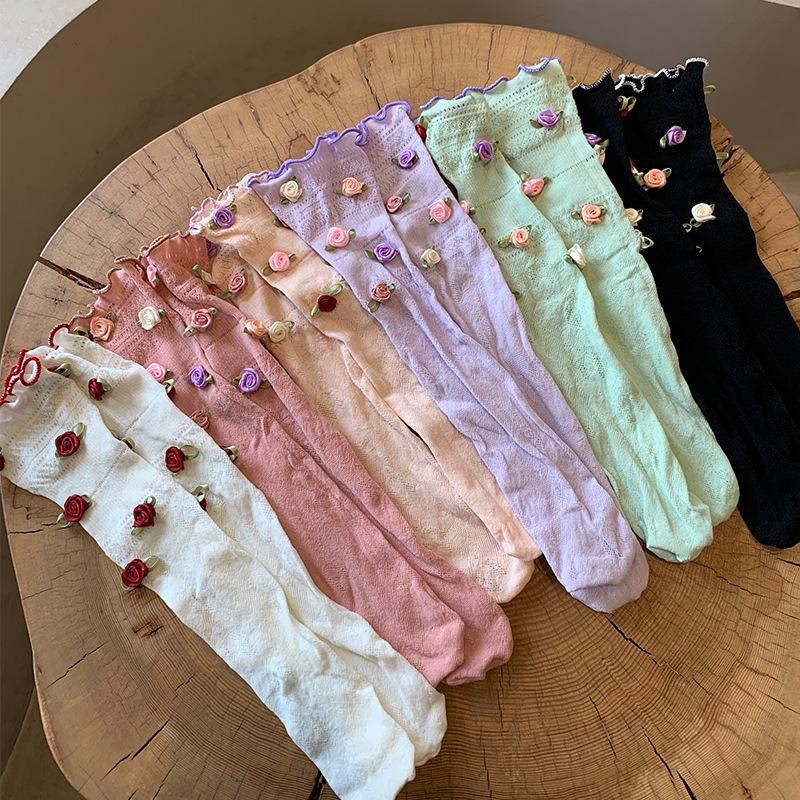 Rose Flowers Lace Socks for Women Summer Spring Sweet Lovely Breathale Cotton Middle Tube Socks Mesh Sock Girls Daily Hosiery