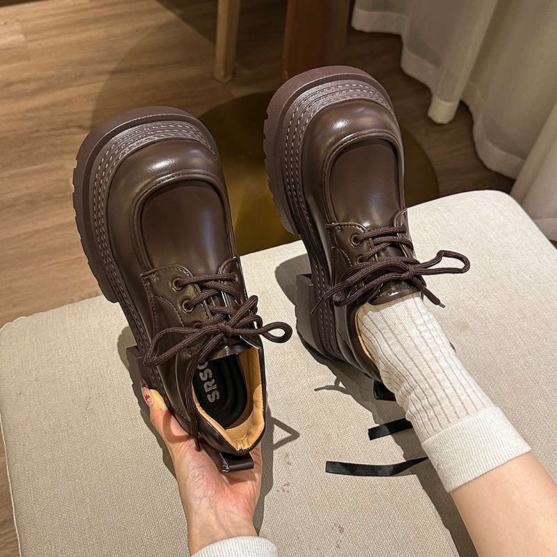 British Style Retro Lace-up Versatile Loafers Women's 2025 Spring and Autumn New Thick Heel Thick Sole Heightening Brown Small Leather Shoes