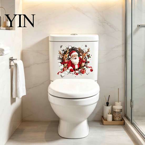 Adesivos de Natal Impermeáveis 3D Rompimento de Parede Papai Noel Rena Adesivo de Banheiro, Adesivo Autoadesivo para Acessórios de Banheiro, Decoração de Tampa para Casa