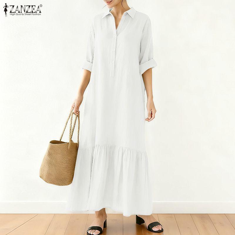 ZANZEA Damen-Kleid, locker, lässig, Umlegekragen, langärmelig, langes Hemdkleid