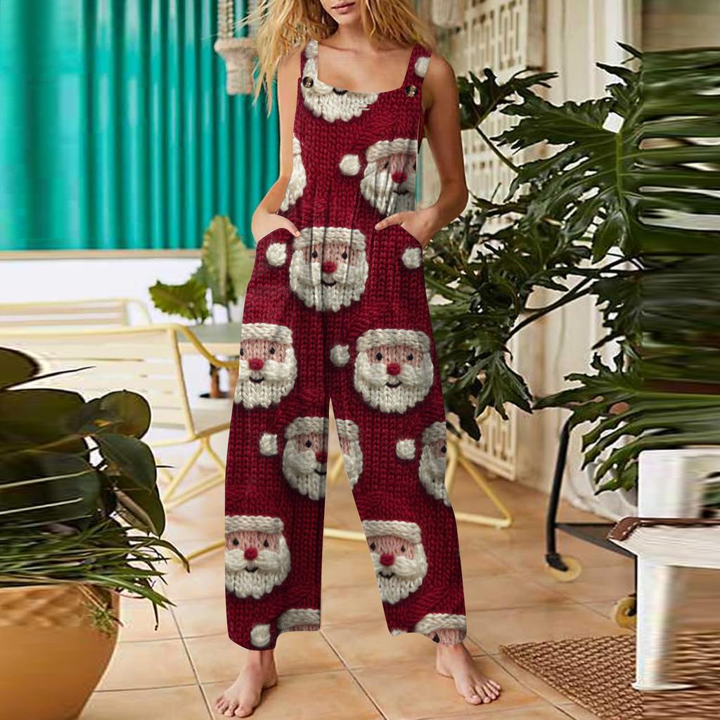 Women's Casual Jumpsuit Sleeveless Christmas Printed Cotton Jumpsuit