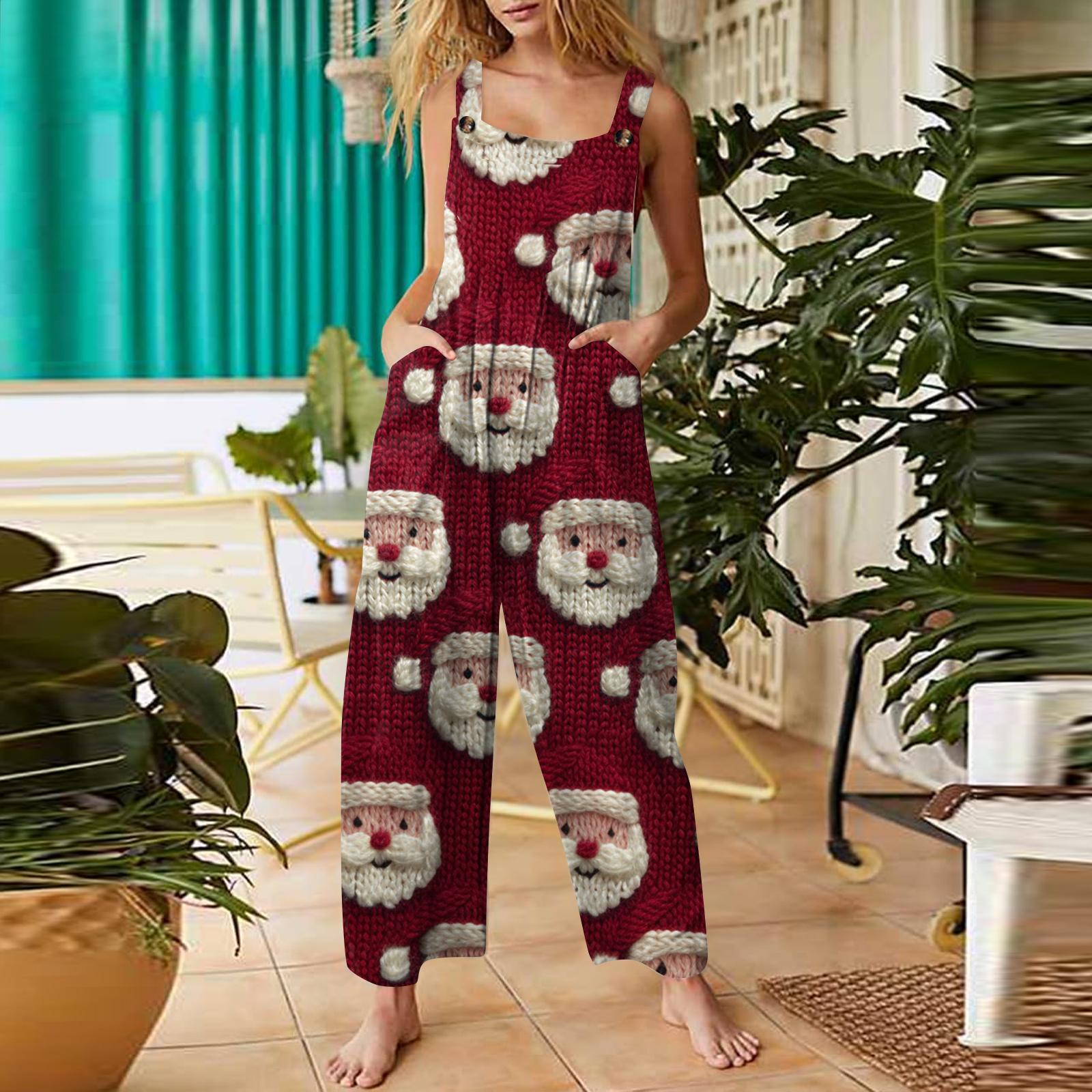 

Женский повседневный комбинезон без рукавов с рождественским принтом из хлопка XL винный