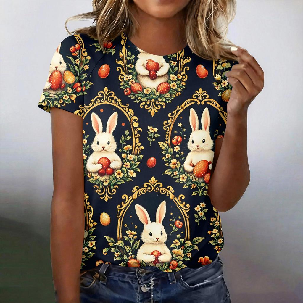 Modieus casual T-shirt met korte mouwen en raglanmouwen voor dames met paasprint.