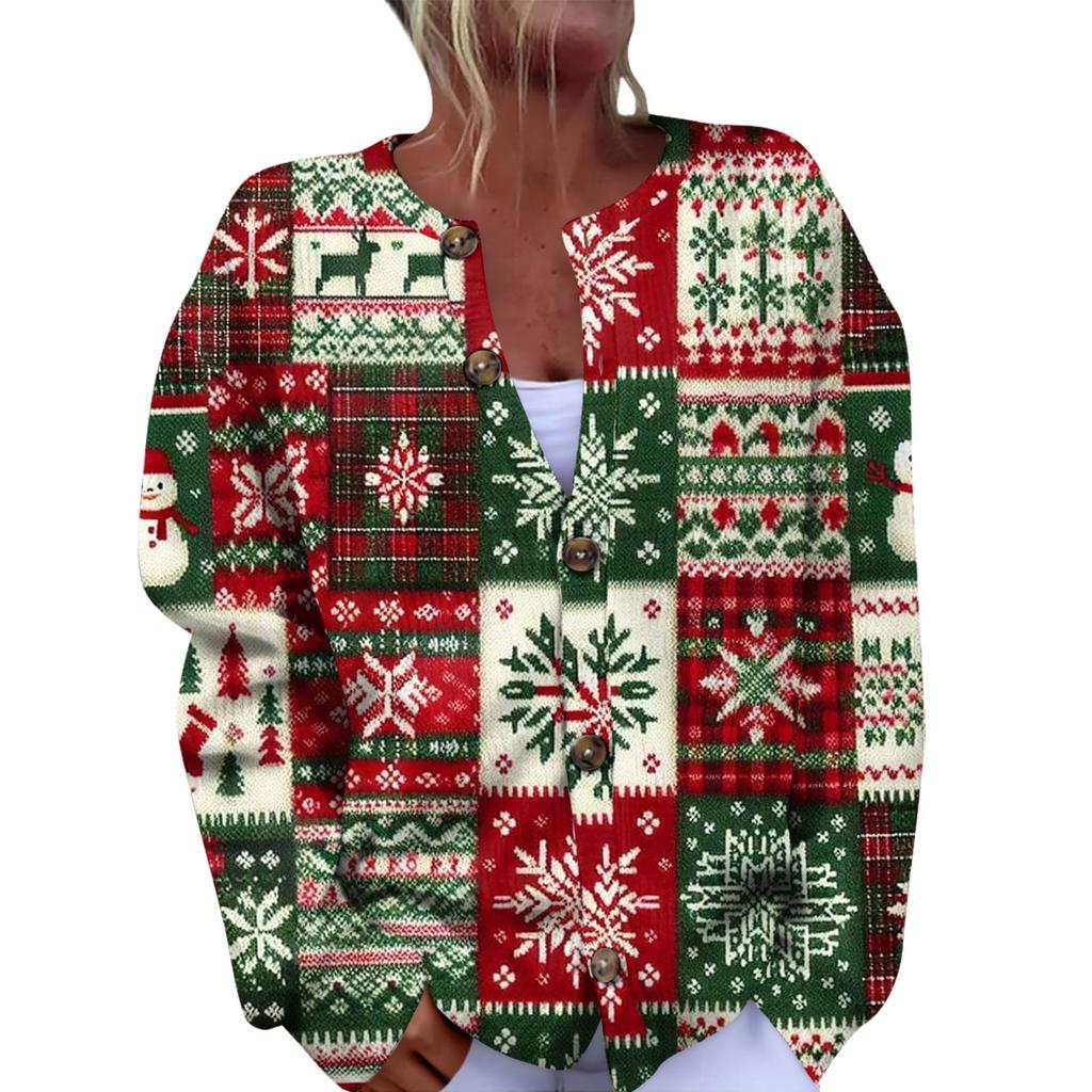 Women's Fashion Christmas Printed Long Sleeve Knitted Cardigan Button Down Jacket